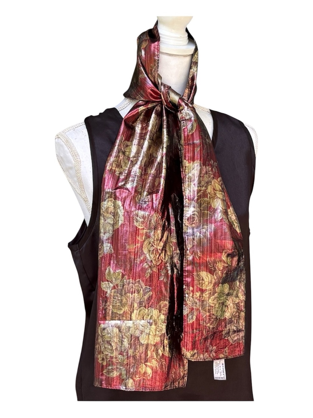 Vintage Oscar de la Renta Accessory Street Metallic Floral Scarf 10”x 55” Japan